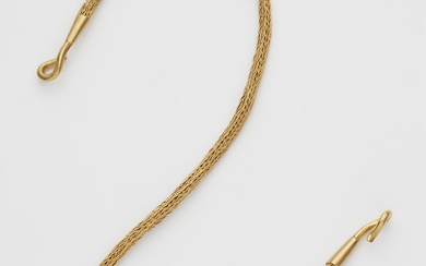 A hand forged 18k gold Ancient Revival tubogaz necklace with foxtail pattern.