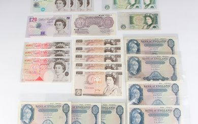 A large collection of British banknotes, including four consecutive Elizabeth II Bank of England fif