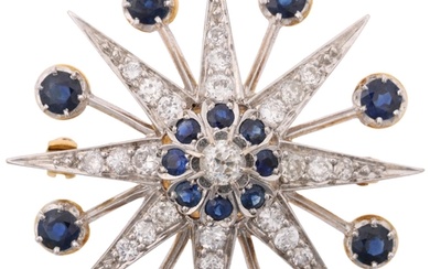 A large modern sapphire and diamond 8-ray starburst brooch, ...