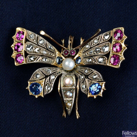 A late 19th century silver and gold, split pearl, rose-cut diamond, ruby and sapphire butterfly brooch.