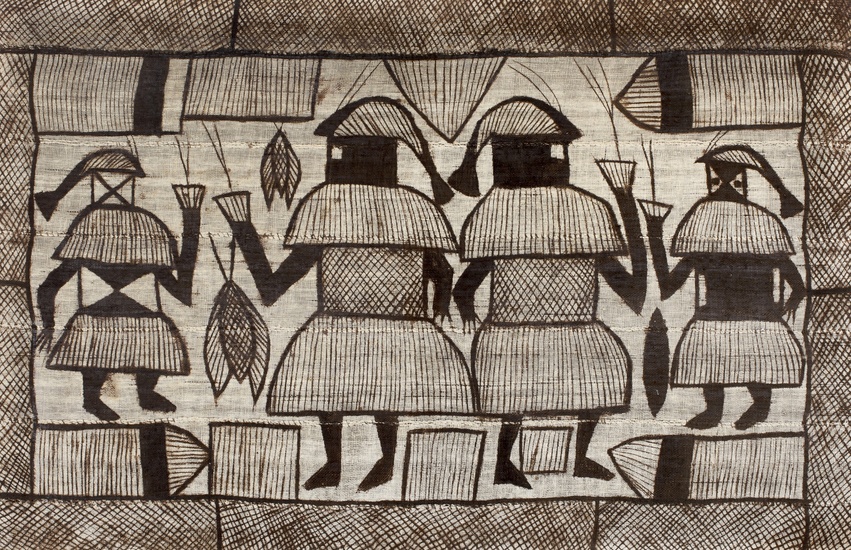 A mid-20th century African block printed textile panel. In brown and beige hessian with four stylised figures within hatched borders, framed, 79cm x 121.5cm