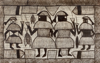 A mid-20th century African block printed textile panel. In brown and beige hessian with four stylised figures within hatched borders, framed, 79cm x 121.5cm
