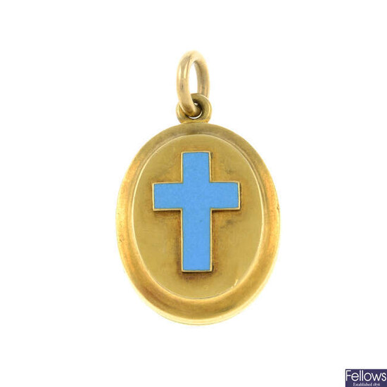 A mid Victorian 18ct gold locket pendant, with blue enamel cross.