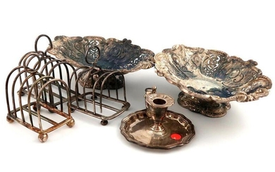 A mixed lot of silver items, comprising: a Victorian small chamber stick, by Creswick and Co, Sheffield 1844, circular form, moulded border, a pair of pierced oval dishes, by H. Atkins, Sheffield 1892, plus three toast racks, approx. weight 34oz. (6)