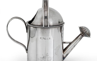A novelty silver model of a watering can, by Sarah Jones, London, 1989, designed with fixed handles and perforated cap to spout, 9cm high, approx. weight 4.2oz