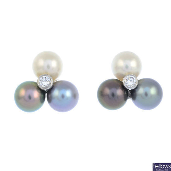 A pair of 18ct gold vari-hue cultured pearl and diamond earrings.
