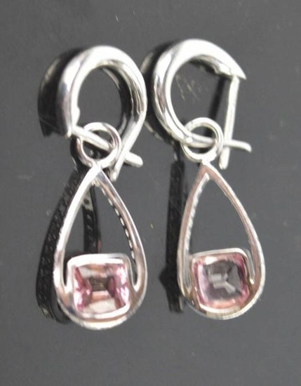 A pair of 18ct white gold pink tourmaline and diamond drop e...