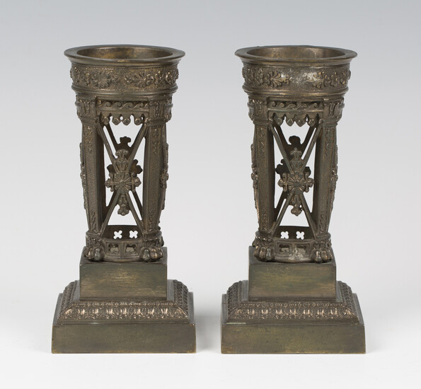 A pair of 19th century Neoclassical Revival patinated bronze spill vases, of classical brazier form