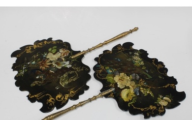 A pair of 19th century black lacquered papier mache face scr...