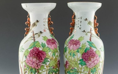 A pair of Chinese famille rose vases with birds and flowers, signed Zhang Zhiying, late 19th century