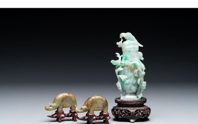A pair of Chinese jade sculptures of elephants and a lidded ...