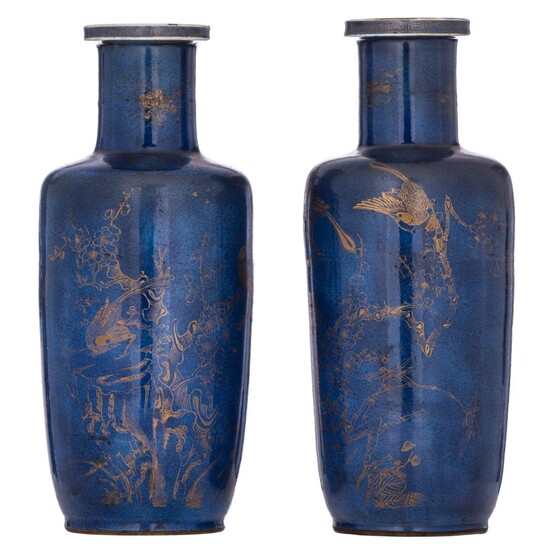 A pair of Chinese powder blue ground and gilt rouleau vases, 18thC, H 15,5 cm ø 35 cm