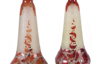 A pair of Continental orange overlay glass vases