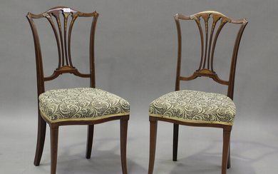 A pair of Edwardian mahogany and boxwood line inlaid bedroom chairs by Maple & Co, height 89cm