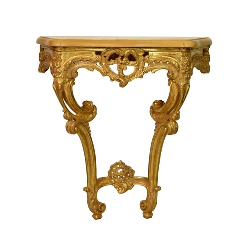 A pair of Louis XV style carved giltwood and marble console ...