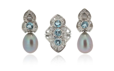 A pair of aquamarine, cultured pearl and diamond...