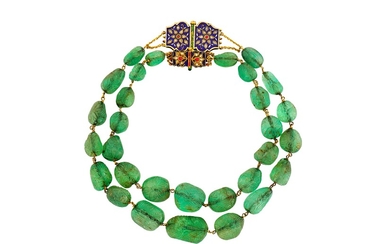 A pair of carved emerald bead necklaces with enamelled clasps, possibly from Jaipur, Northwestern In