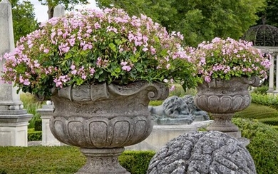 A pair of continental carved limestone garden urns on plinths