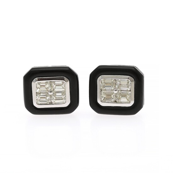 A pair of diamond and onyx ear studs each set with four emerald-cut diamonds encircled by black onyx, mounted in 18k white gold. (2)