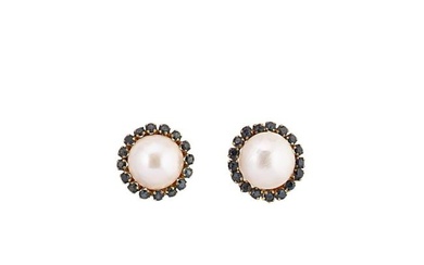 A pair of mabé pearl and sapphire ear studs