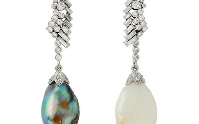 A pair of mid 20th century pearl and diamond earrings.