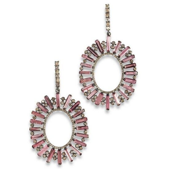A pair of pink tourmaline and diamond earrings