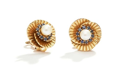 A pair of sapphire and cultured pearl earrings, circa 1950