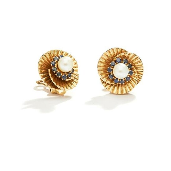 A pair of sapphire and cultured pearl earrings, circa