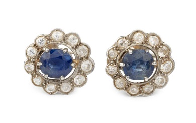 A pair of sapphire and diamond cluster ear clips, the...