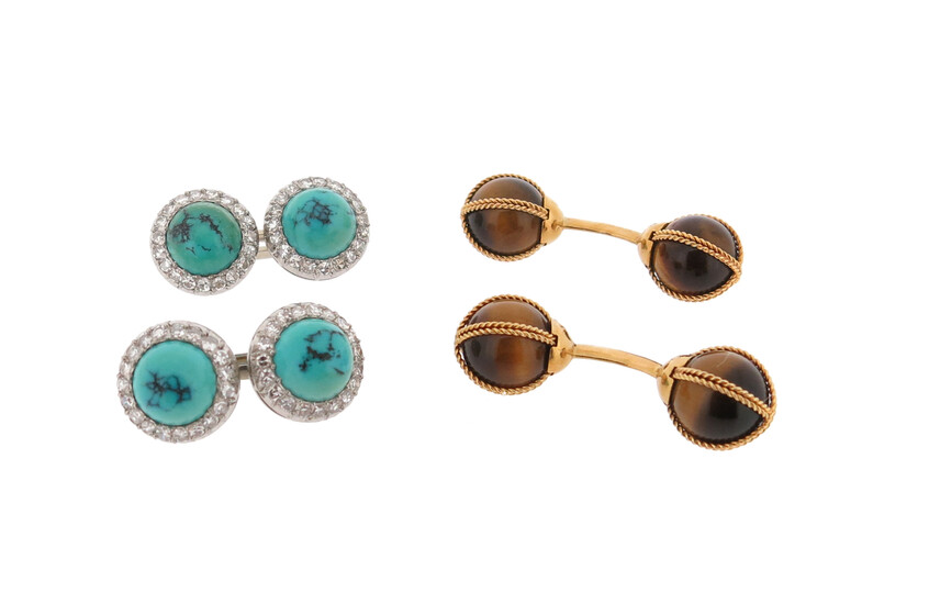 A pair of turquoise and diamond-mounted platinum dress cufflinks