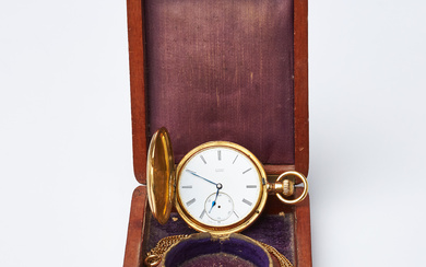 A pocket watch, 1870s, A. Lange & Söhne, Glashütte Dresden, 18k gold, savonet, chain in 18k gold, original box in mahogany.