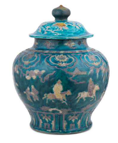 A rare and large 'fahua' 'Bajixiang and dignitaries' jar and cover, guan