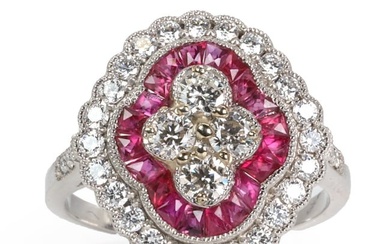 A ruby and diamond quatrefoil cluster ring