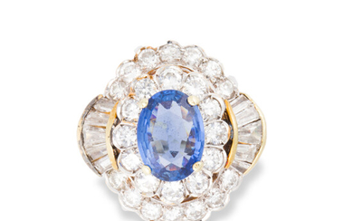 A sapphire, diamond and fourteen karat gold ring