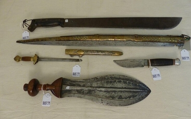 A set of 5 knives. The first one, large Spanish Navaja, engraved brass and signed blade. The second one, small Chinese engraved brass dagger. Period: end of the 19th century. The third one, a U.S. machete 1945, a hunting knife. Period: 20th century...