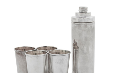 A set of four Italian sterling silver julep cups and a cocktail shaker