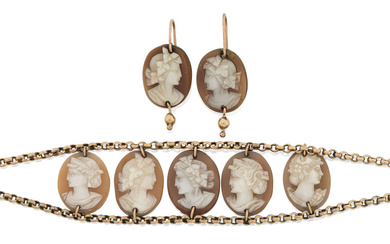 A shell cameo bracelet and matching earrings, the bracelet designed...