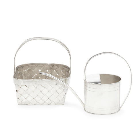 A silver novelty watering can and basket