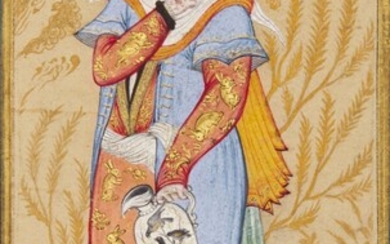 A standing portrait of a lady holding a wine jug, Persia, Qajar, 19th century