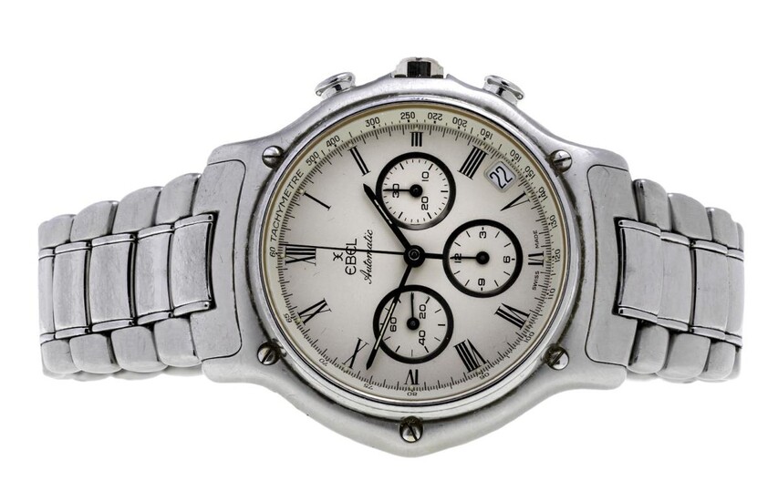 A steel, chronograph wristwatch, by Ebel the circular dial applied with Roman numerals with three subsidiary dials and date aperture, steel case and bracelet, automatic movement, dial signed Ebel, reverse of case numbered 64500306 9134901, case...