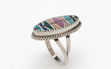 A vintage Navaho sterling silver ring set with turquoise, lapis, malacite etc, size N1/2, top L: 26mm
