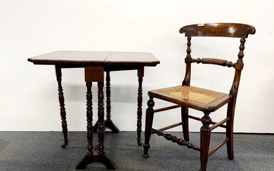 A walnut veneered Pembroke table 61 x 63.5cm (Extending to 71cm). A 19th century beechwood chair with caned seat.