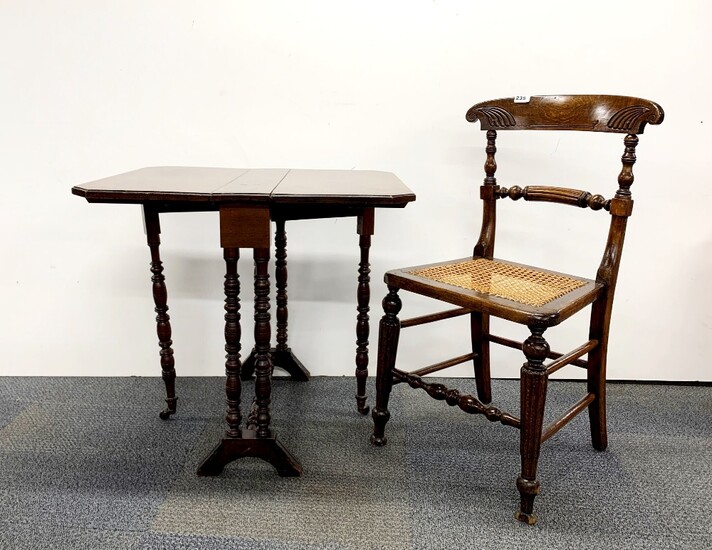 A walnut veneered Pembroke table 61 x 63.5cm (Extending to 71cm). A 19th century beechwood chair with caned seat.