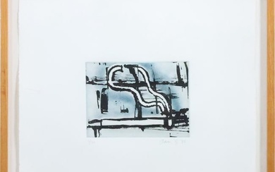 AARON FINK, Etching, Abstract "Blue Cigarette" Signed and Numbered #3/30, Obelisk Gallery Label