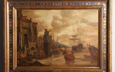 ABRAHAM JANSZ STORCK (C. 1635-1708). MEDITERRANEAN PORT. OIL ON PANEL. DATED 1675.