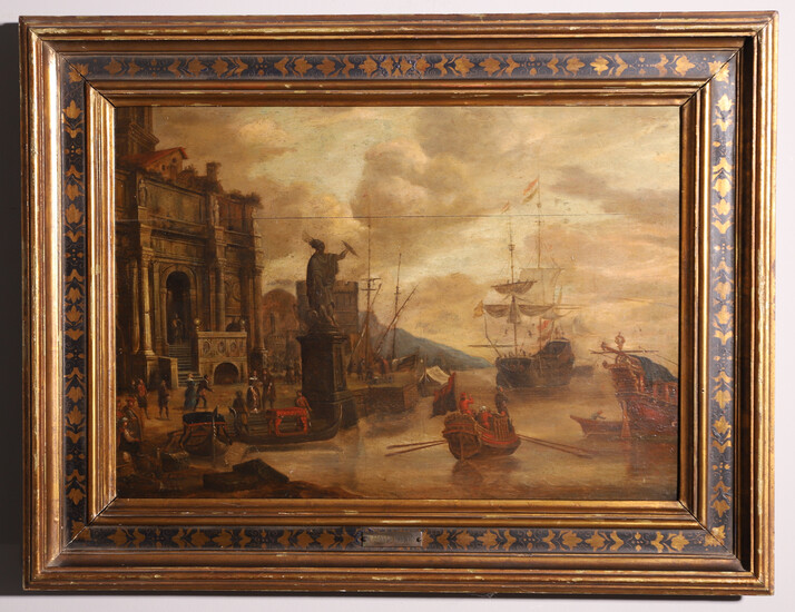 ABRAHAM JANSZ STORCK (C. 1635-1708). MEDITERRANEAN PORT. OIL ON PANEL. DATED 1675.
