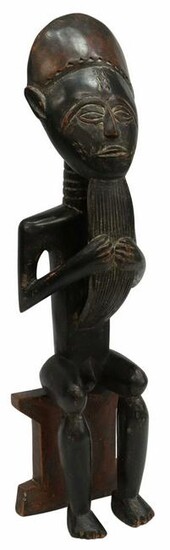 AFRICAN BAULE CARVED WOOD SEATED MALE SCULPTURE
