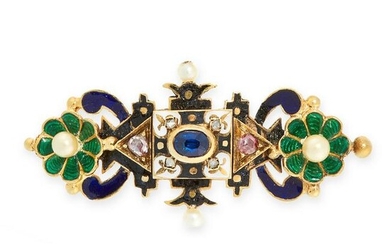 AN ANTIQUE SAPPHIRE, DIAMOND, PEARL AND ENAMEL BROOCH