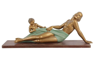 AN ART DECO PATINATED PLASTER FIGURE GROUP OF A WOMAN AND CHILD