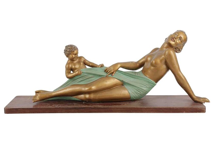 AN ART DECO PATINATED PLASTER FIGURE GROUP OF A WOMAN AND CHILD